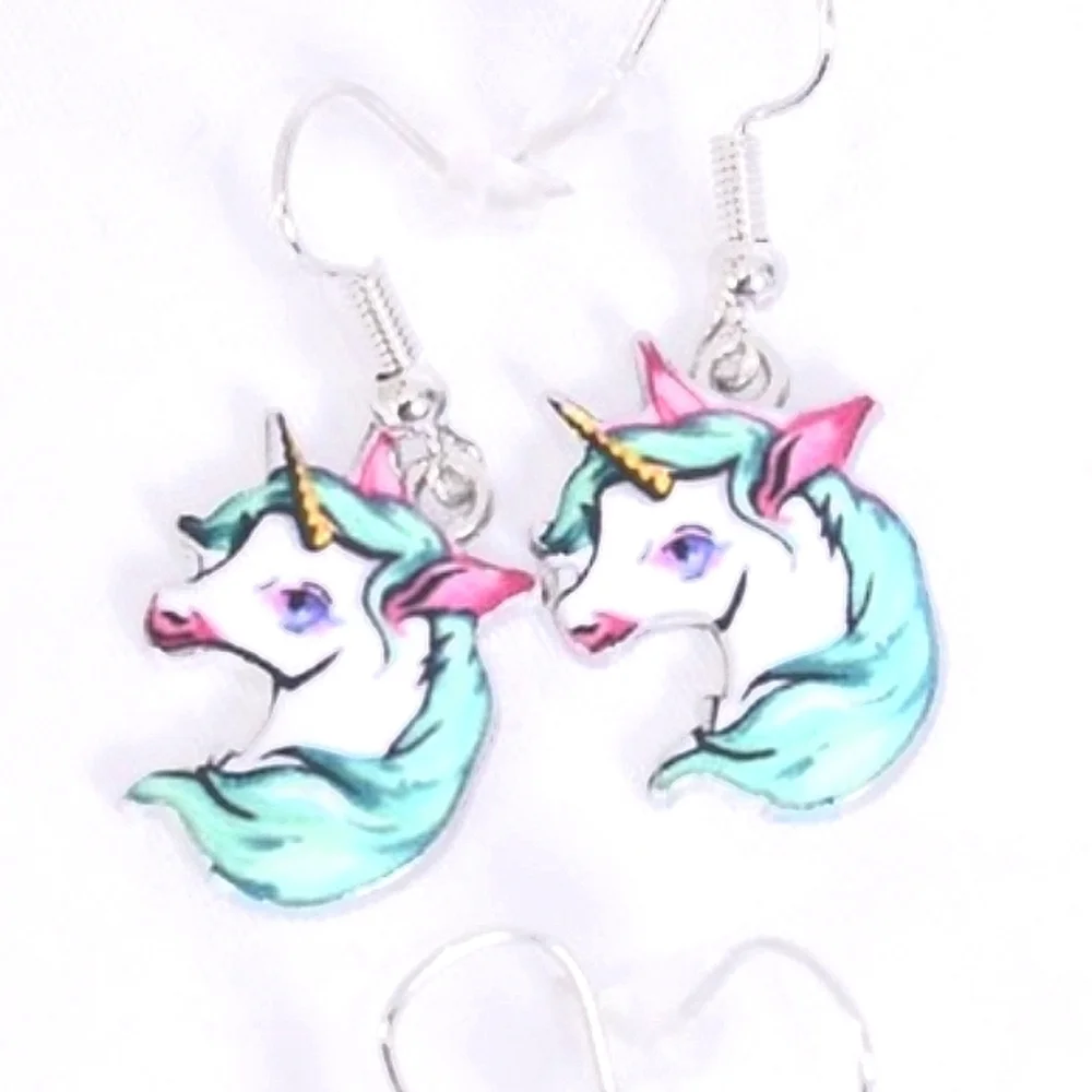 Unicorn Gold Earrings Ear Wire *Green pink Pony Horse White Hypoallergenic NEW